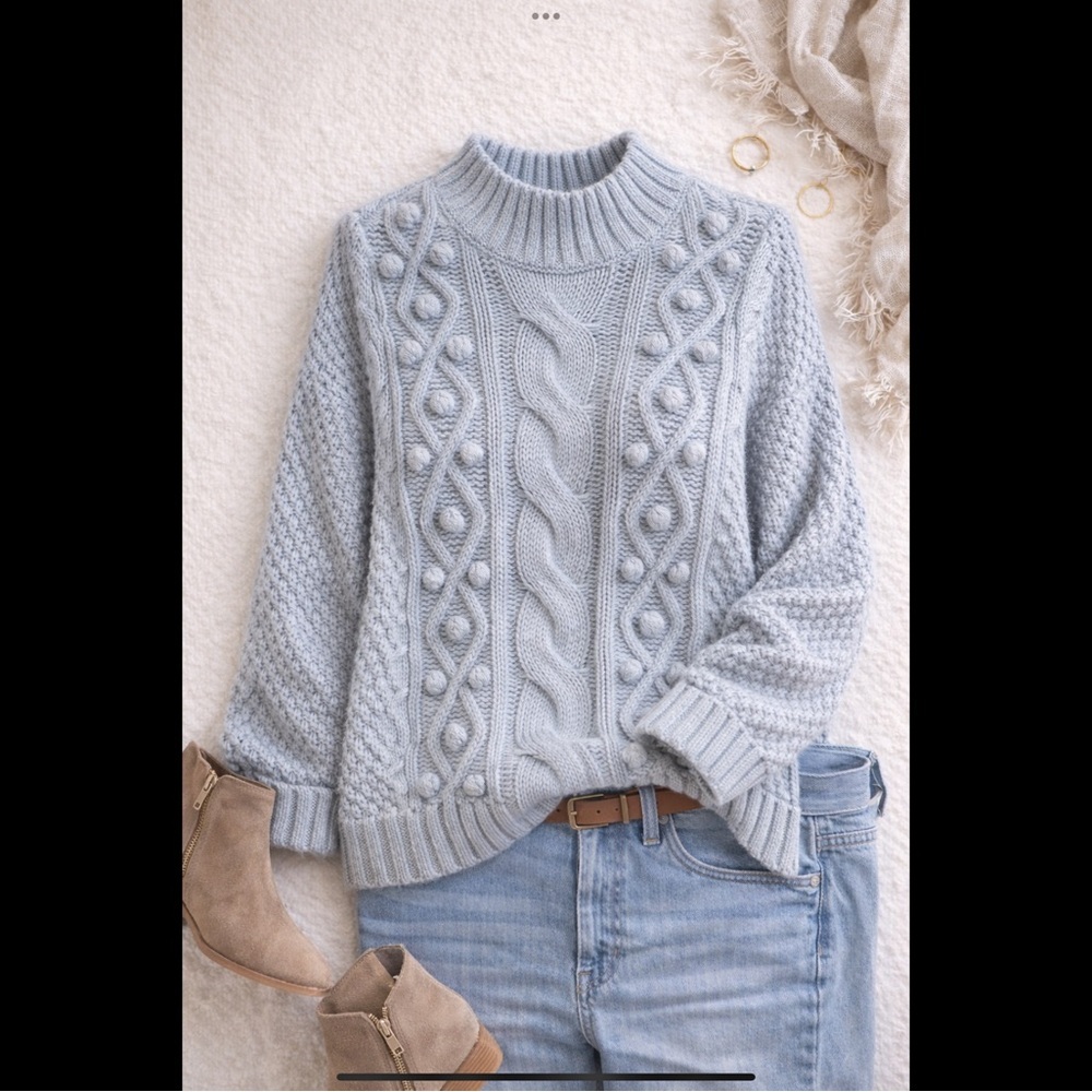 Sarah Campbell Chunky Cable Knit Sweater Blue Cotton Blend Cozy Pullover L - Picture 2 of 16